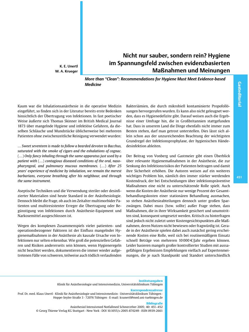 Vorschauseite 1: Nicht nur sauber, sondern rein? Hygiene im Spannungsfeld zwischen evidenzbasierten Maßnahmen und Meinungen