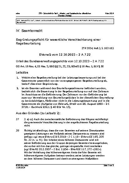 Vorschauseite 1: IV. Beamtenrecht Begründungspflicht für wesentliche Verschlechterung einer Regelbeurteilung