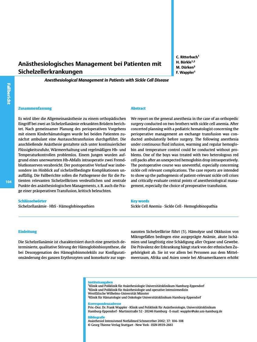 Vorschauseite 1: Anästhesiologisches Management bei Patienten mit Sichelzellerkrankungen