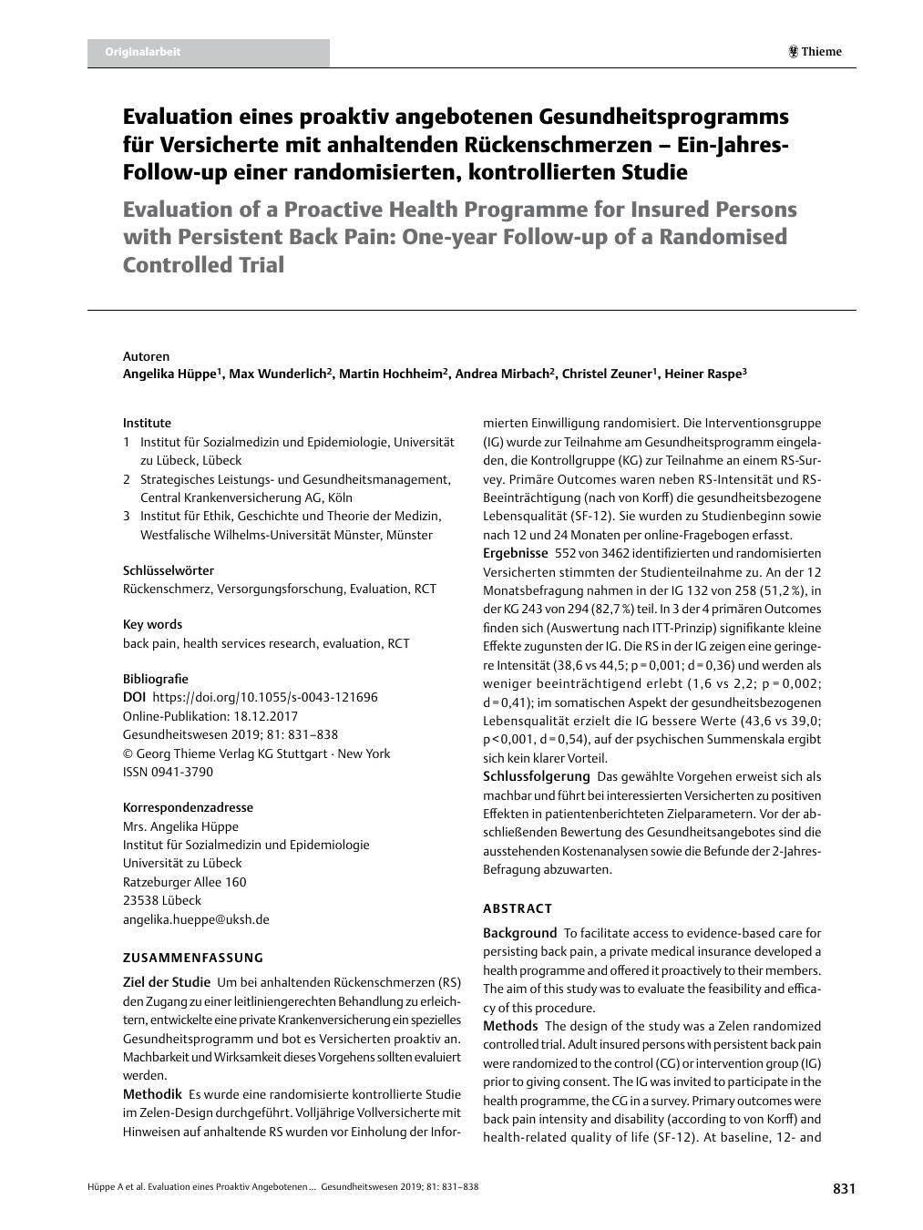 Vorschauseite 1: Evaluation eines proaktiv angebotenen Gesundheitsprogramms für Versicherte mit anhaltenden Rückenschmerzen – Ein-Jahres-Follow-up einer randomisierten, kontrollierten Studie