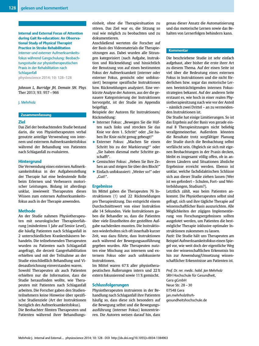 Vorschauseite 1: Internal and External Focus of Attention during Gait Re-education: An Observational Study of Physical Therapist Practice in Stroke Rehabilitation