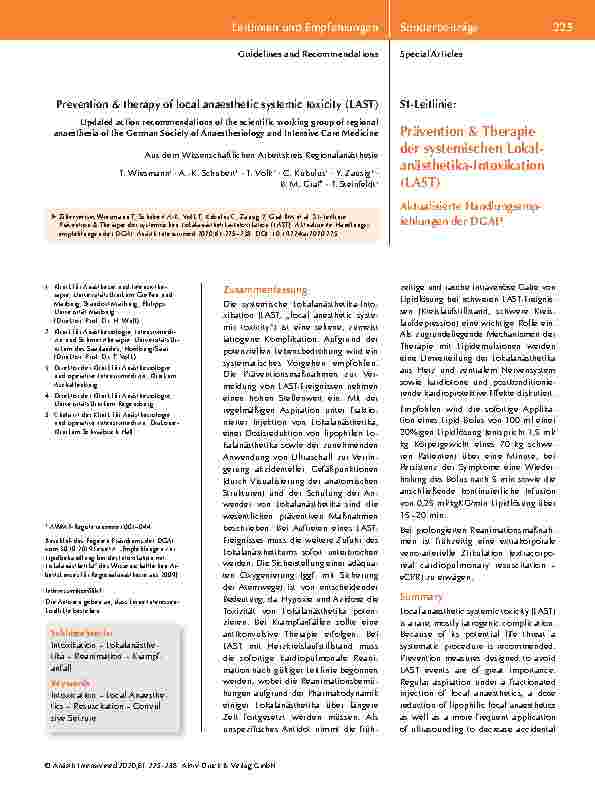 Vorschauseite 1: Prävention & Therapie der systemischen Lokalanästhetika-Intoxikation (LAST) Aktualisierte Handlungsempfehlungen der DGAI