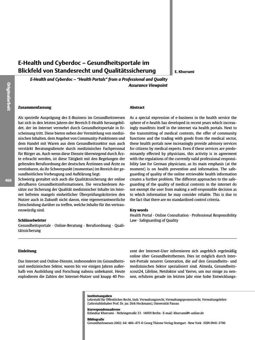 Vorschauseite 1: E-Health und Cyberdoc - Gesundheitsportale im Blickfeld von Standesrecht und Qualitätssicherung