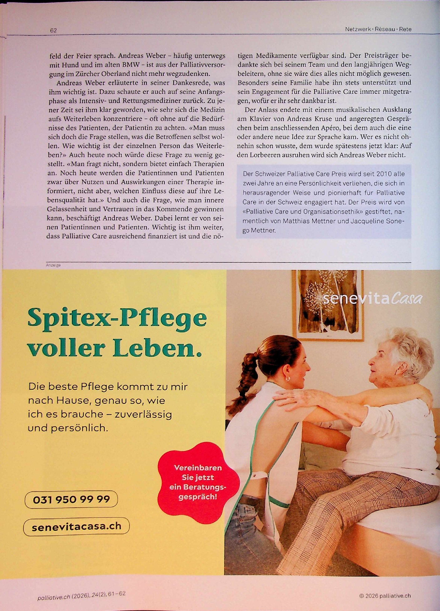 Vorschauseite 2: «Ein Visionär, Macher und Pionier der Palliative Care»