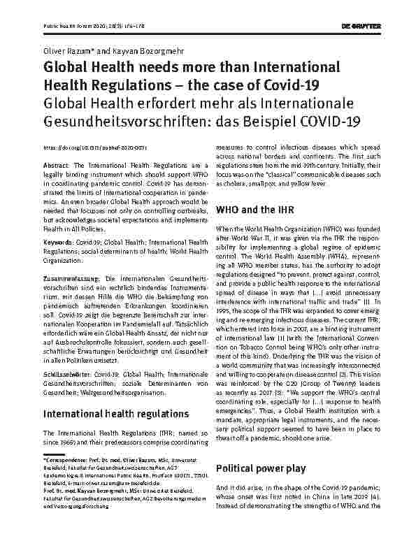 Vorschauseite 1: Global Health erfordert mehr als Internationale Gesundheitsvorschriften: das Beispiel COVID-19