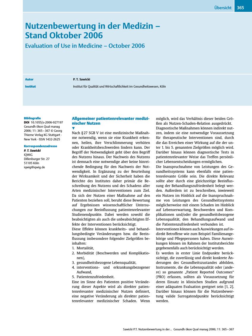 Vorschauseite 1: Nutzenbewertung in der Medizin - Stand Oktober 2006