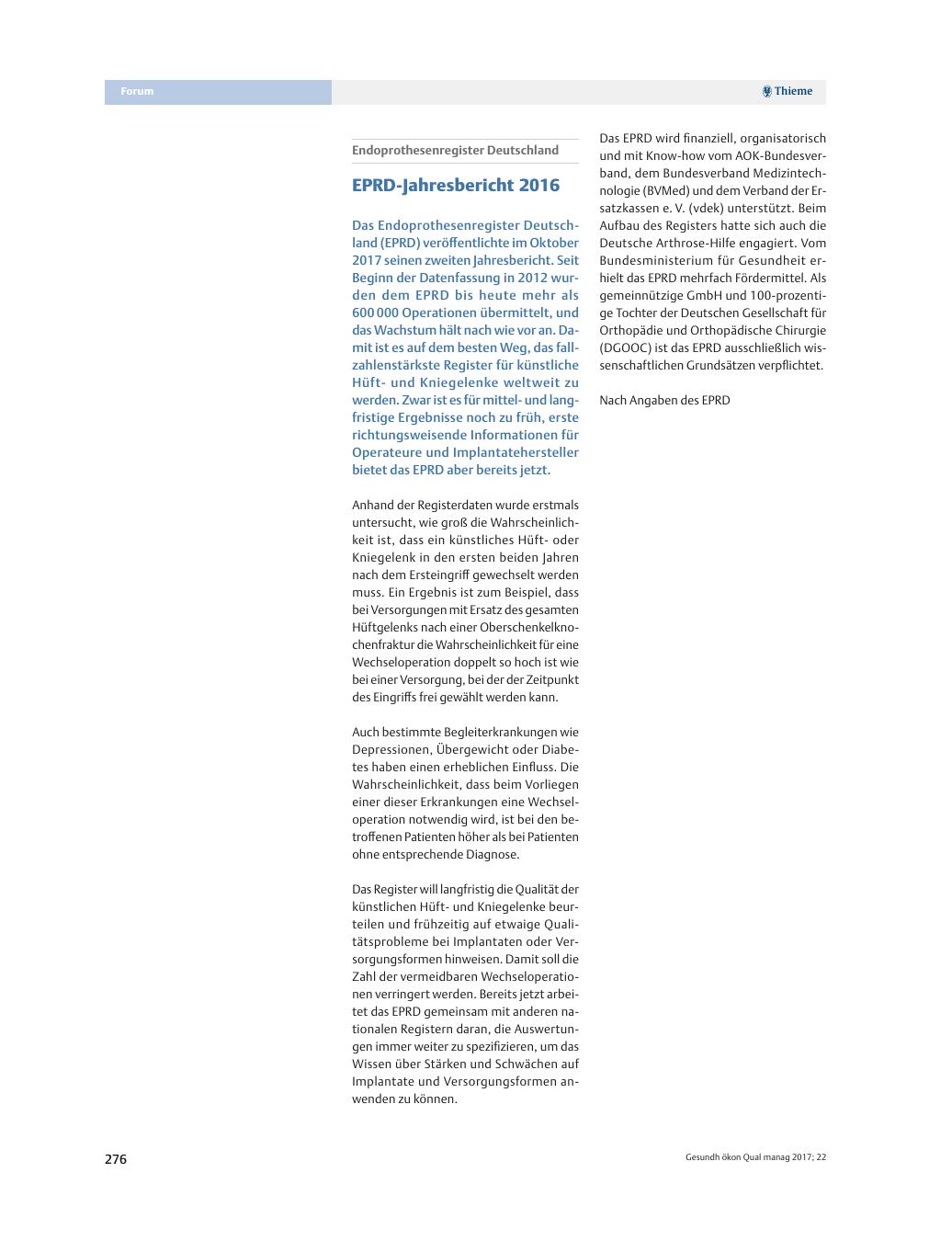 Vorschauseite 1: Endoprothesenregister Deutschland – EPRD-Jahresbericht 2016