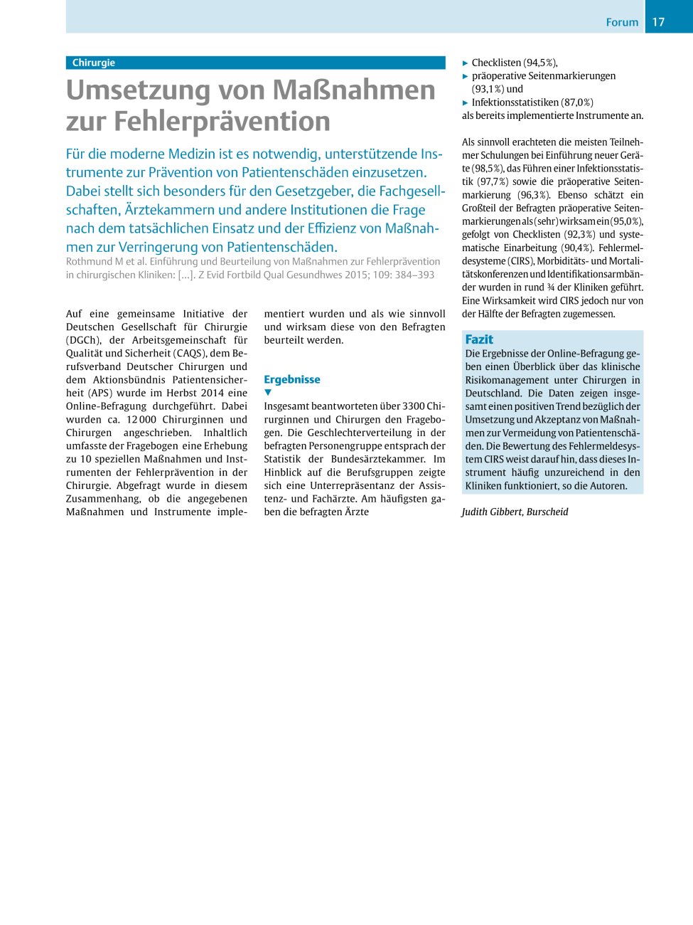 Vorschauseite 1: Chirurgie ? Umsetzung von Maßnahmen zur Fehlerprävention
