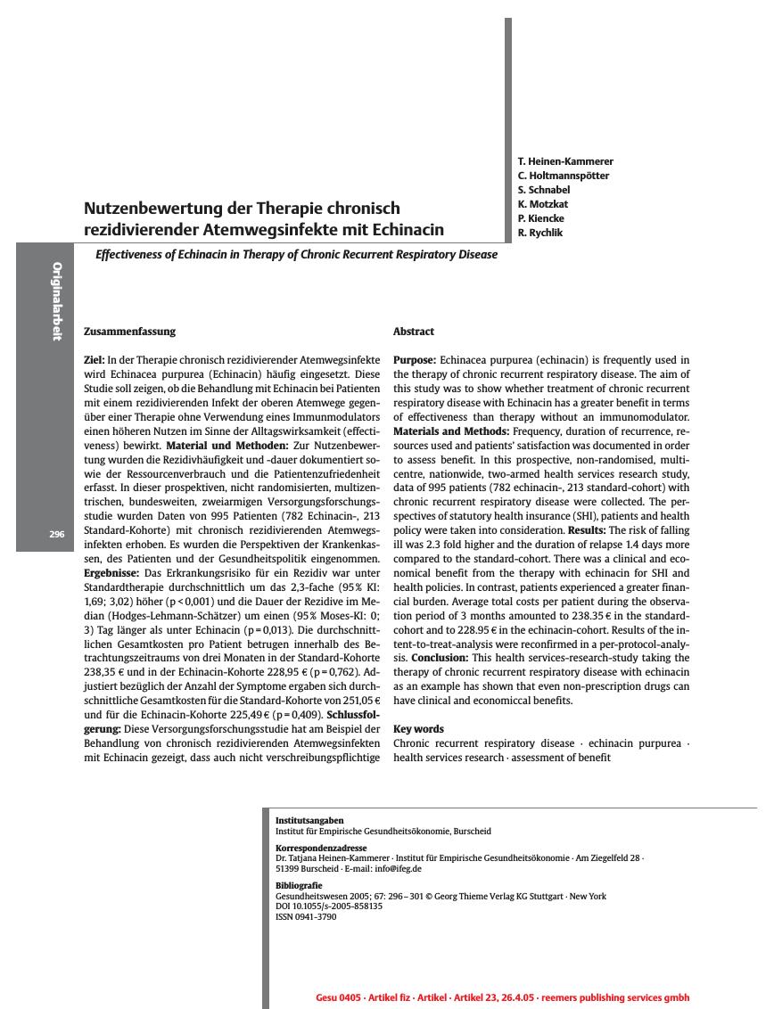 Vorschauseite 1: Nutzenbewertung der Therapie chronisch rezidivierender Atemwegsinfekte mit Echinacin