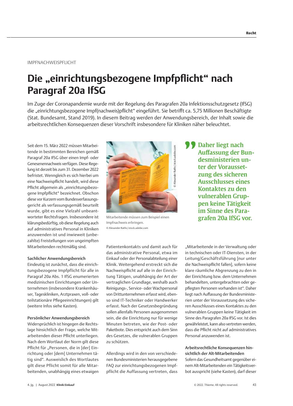 Vorschauseite 1: Impfnachweispflicht: Die „einrichtungsbezogene Impfpflicht“ nach Paragraf 20a IfSG
