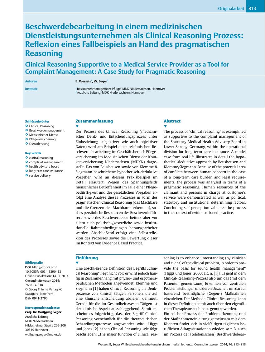 Vorschauseite 1: Beschwerdebearbeitung in einem medizinischen Dienstleistungsunternehmen als Clinical Reasoning Prozess: Reflexion eines Fallbeispiels an Hand des pragmatischen Reasoning