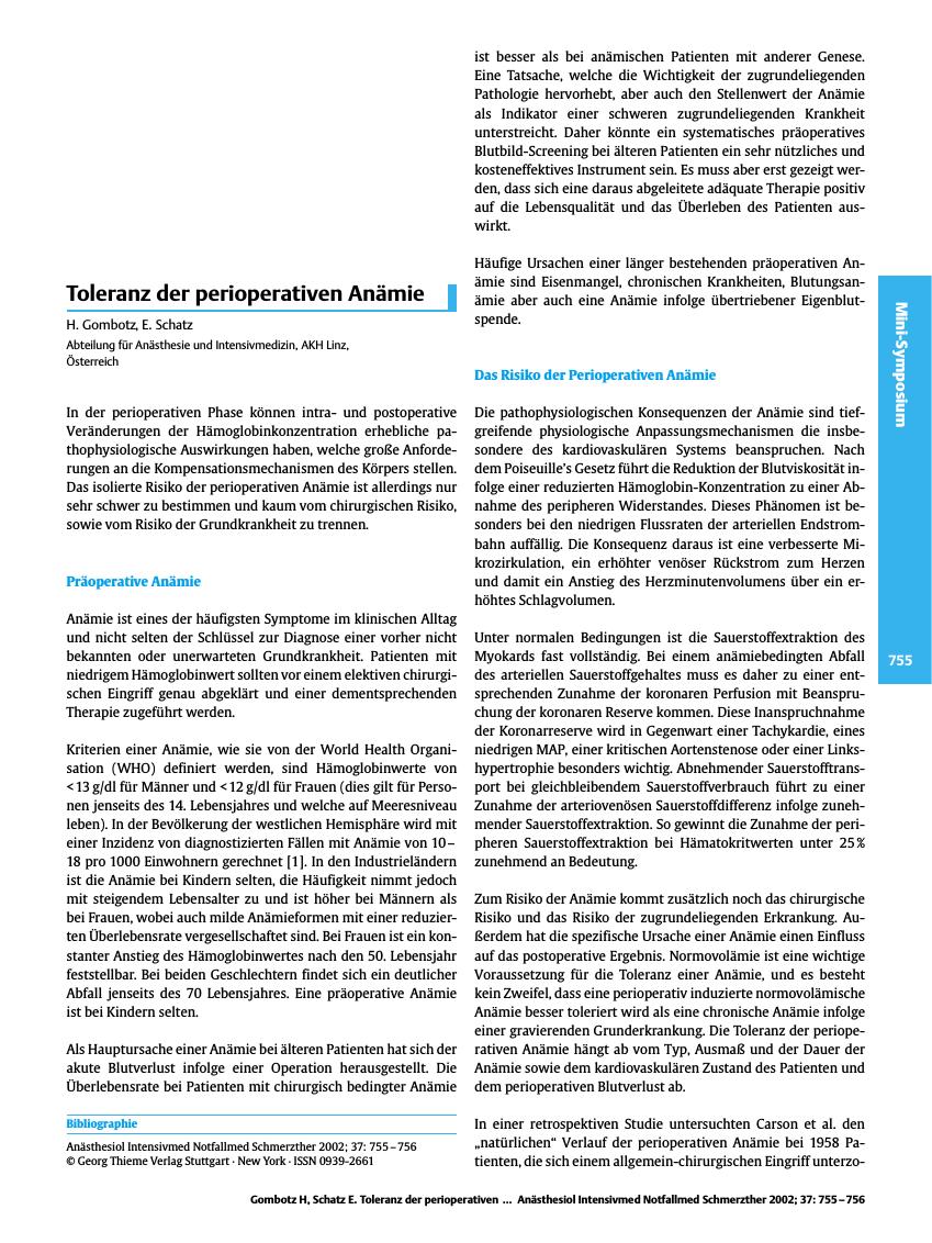 Vorschauseite 1: Toleranz der perioperativen Anämie