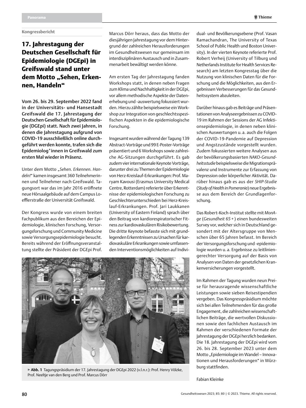 Vorschauseite 1: 17. Jahrestagung der Deutschen Gesellschaft für Epidemiologie (DGEpi) in Greifswald stand unter dem Motto „Sehen, Erkennen, Handeln“.