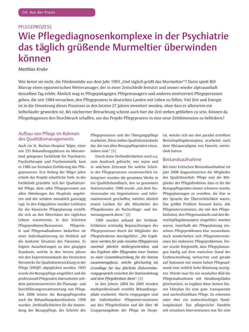 Vorschauseite 1: Wie Pflegediagnosenkomplexe in der Psychiatrie das täglich grüßende Mur meltier überwinden können