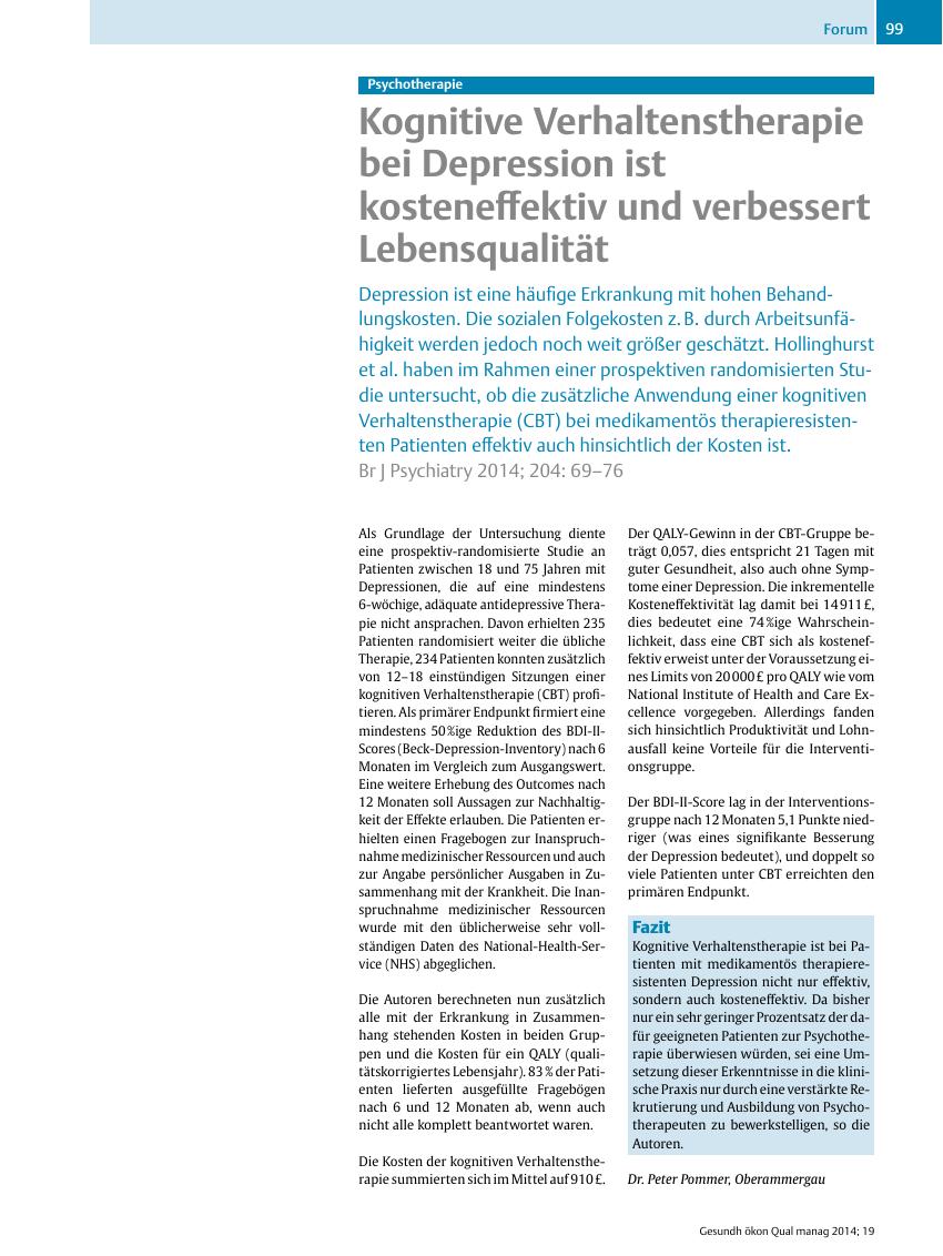 Vorschauseite 1: Psychotherapie – Kognitive Verhaltenstherapie bei Depression ist kosteneffektiv und verbessert Lebensqualität