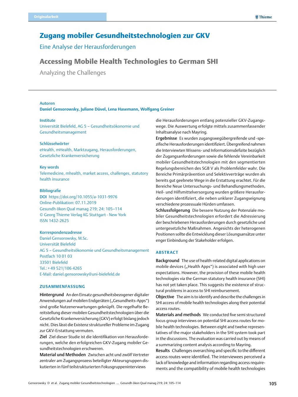 Vorschauseite 1: Zugang mobiler Gesundheitstechnologien zur GKV
