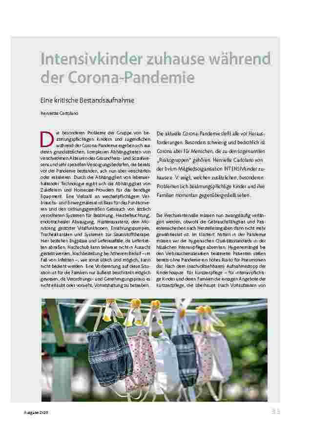 Vorschauseite 1: Intensivkinder zu Hause während der Corona-Pandemie: Eine kritische Bestandsaufnahme