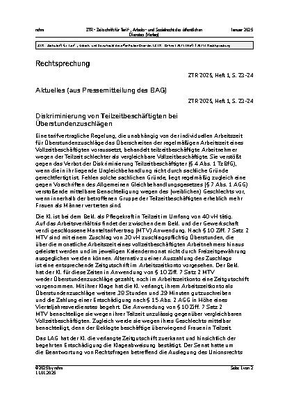 Vorschauseite 1: Rechtsprechung Diskriminierung von Teilzeitbeschäftigten bei Überstundenzuschlägen