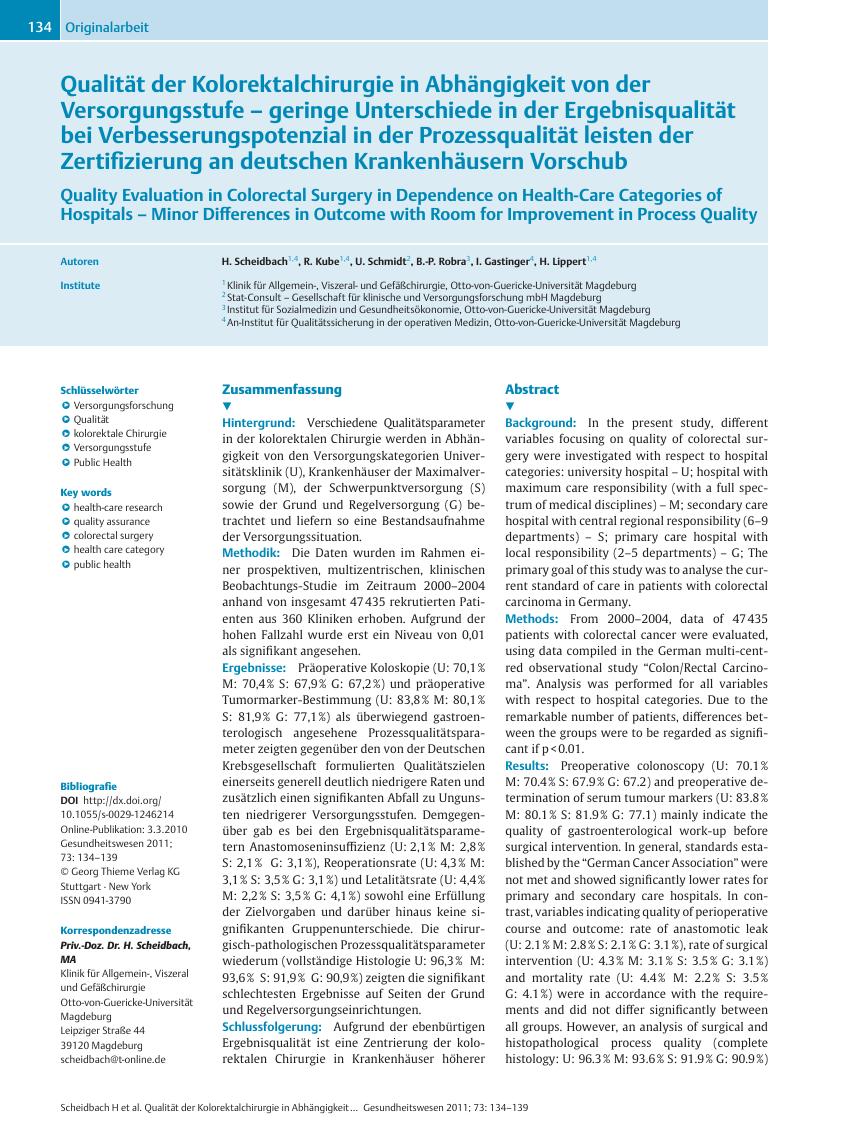 Vorschauseite 1: Qualität der Kolorektalchirurgie in Abhängigkeit von der Versorgungsstufe – geringe Unterschiede in der Ergebnisqualität bei Verbesserungspotenzial in der Prozessqualität leisten…