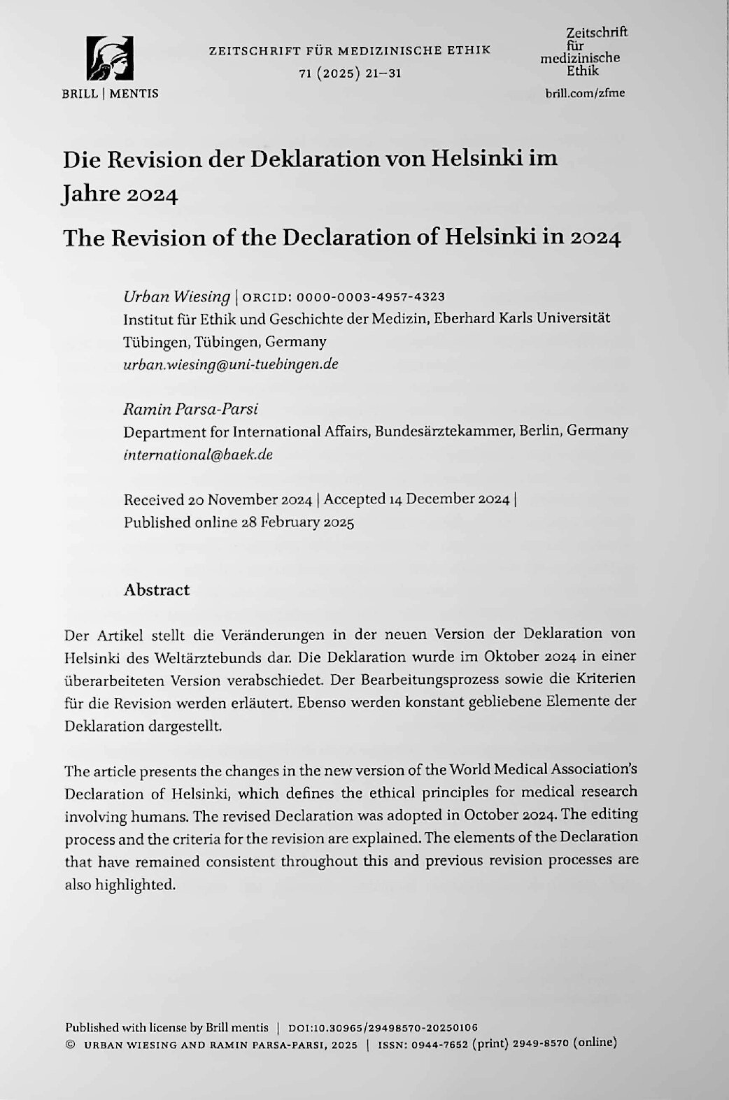 Vorschauseite 1: Die Revision der Deklaration von Helsinki im Jahre 2024