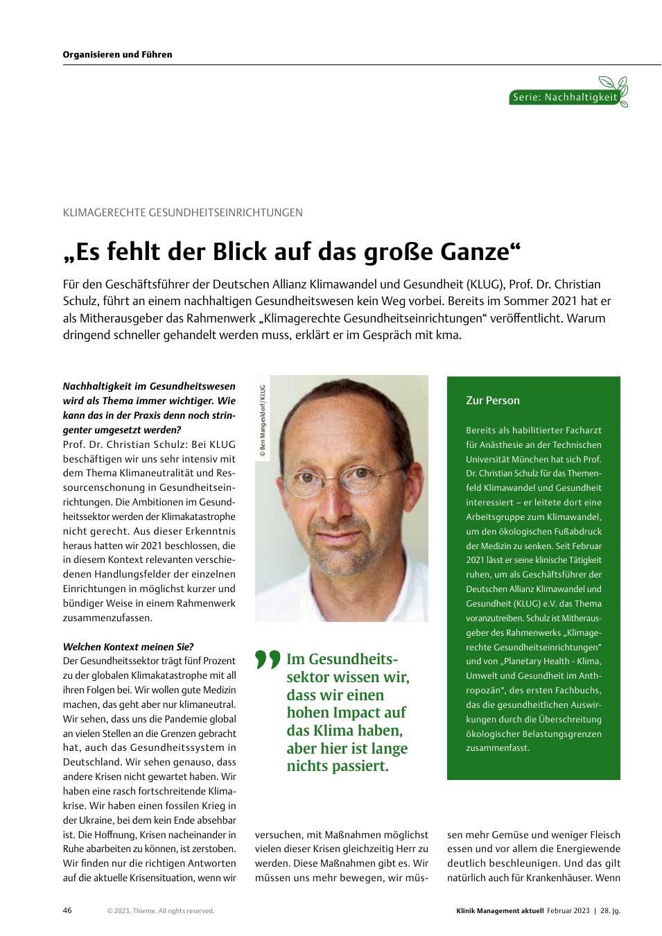 Vorschauseite 1: Klimagerechte Gesundheitseinrichtungen: „Es fehlt der Blick auf das große Ganze“