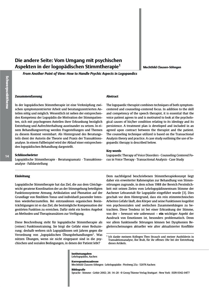 Vorschauseite 1: Die andere Seite: Vom Umgang mit psychischen Aspekten in der logopädischen Stimmtherapie