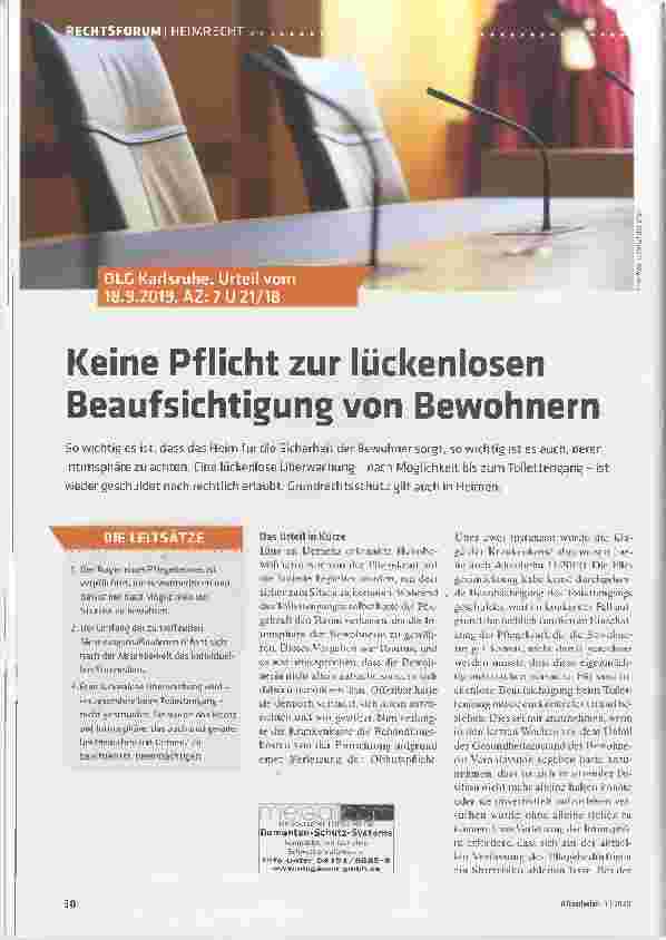 Vorschauseite 1: Keine Pflicht zur lückenlosen Beaufsichtigung von Bewohnern
