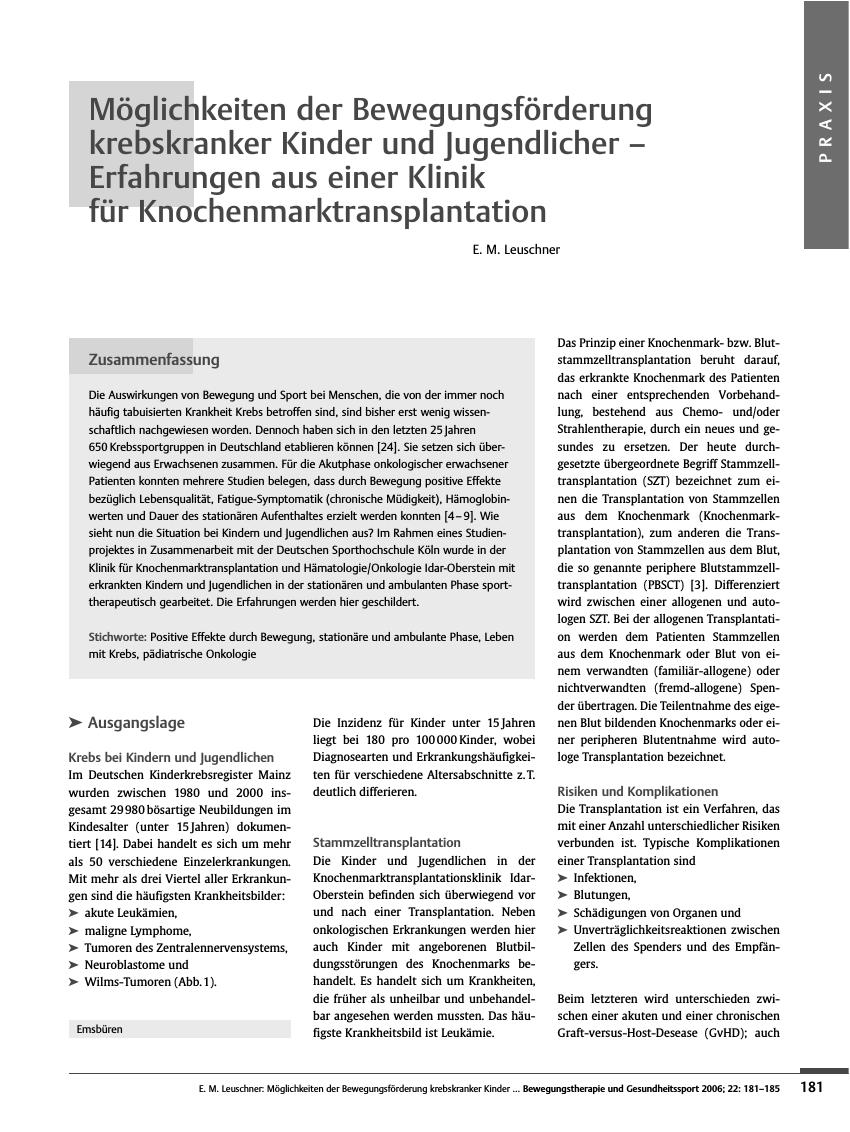 Vorschauseite 1: Möglichkeiten der Bewegungsförderung krebskranker Kinder und Jugendlicher - Erfahrungen aus einer Klinik für Knochenmarktransplantation