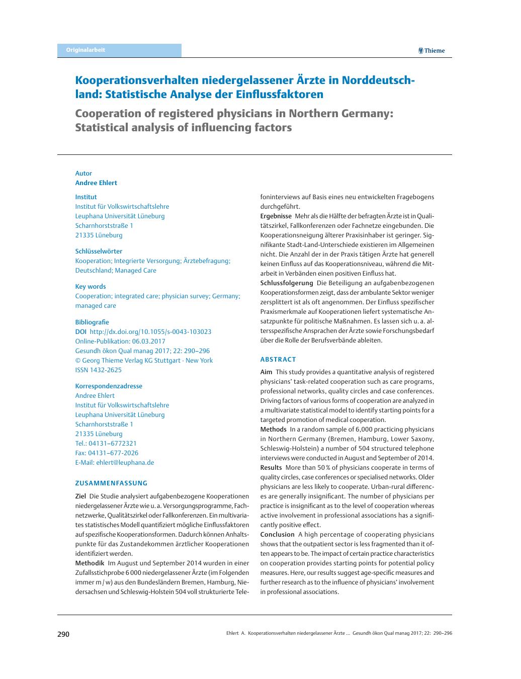 Vorschauseite 1: Kooperationsverhalten niedergelassener Ärzte in Norddeutschland: Statistische Analyse der Einflussfaktoren