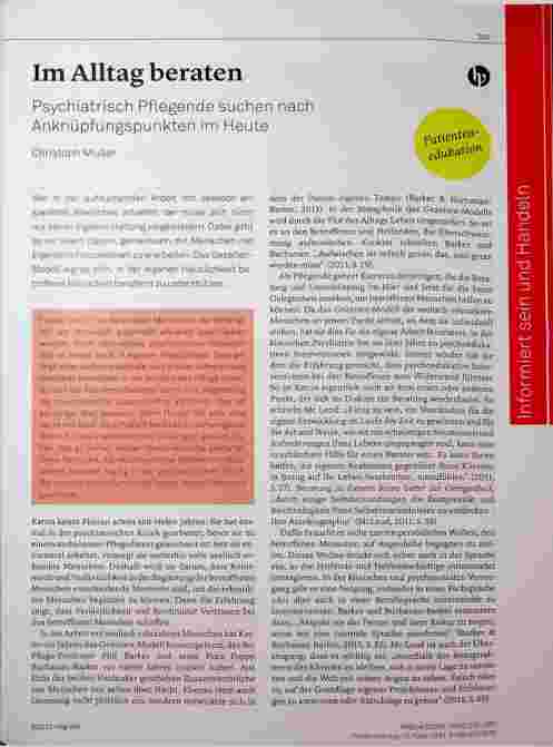 Vorschauseite 1: Im Alltag beraten psychiatrisch Pflegende suchen nach Anknüpfungspunkten im Heute.