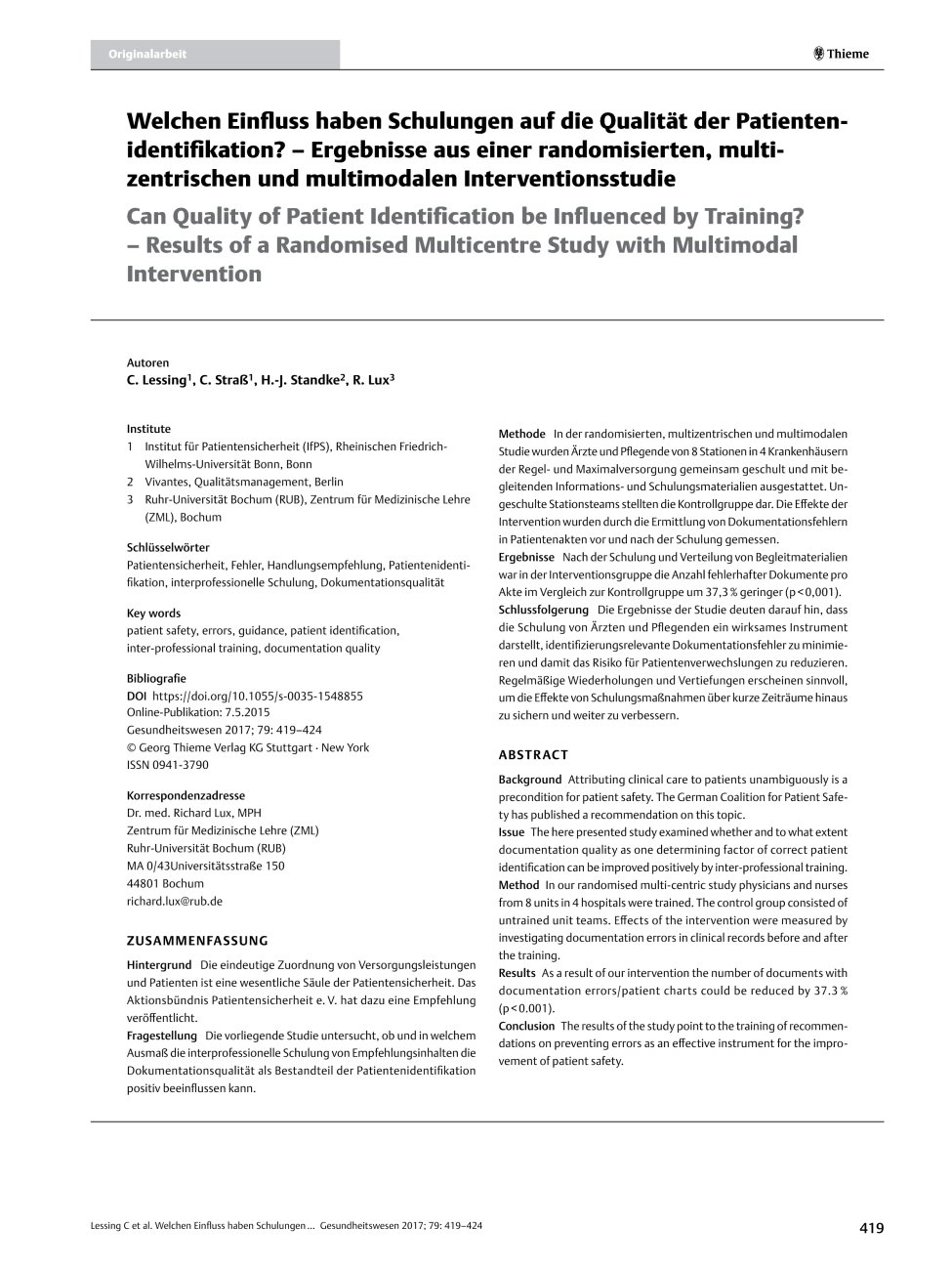 Vorschauseite 1: Welchen Einfluss haben Schulungen auf die Qualität der Patientenidentifikation? – Ergebnisse aus einer randomisierten, multizentrischen und multimodalen Interventionsstudie