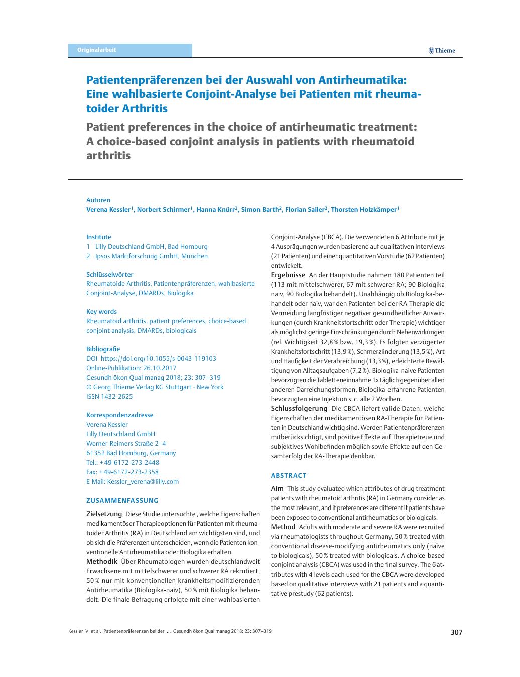 Vorschauseite 1: Patientenpräferenzen bei der Auswahl von Antirheumatika: Eine wahlbasierte Conjoint-Analyse bei Patienten mit rheumatoider Arthritis