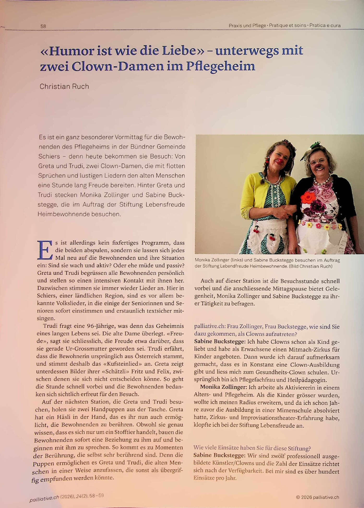 Vorschauseite 1: „Humor ist wie die Liebe“ – unterwegs mit zwei Clown-Damen im Pflegeheim