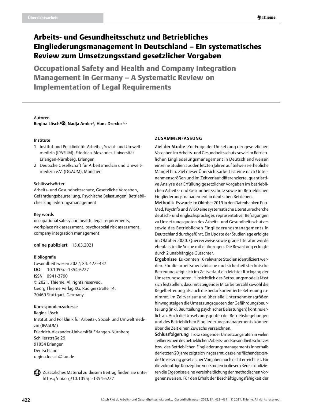 Vorschauseite 1: Arbeitsund Gesundheitsschutz und Betriebliches Eingliederungsmanagement in Deutschland – Ein systematisches Review zum Umsetzungsstand gesetzlicher Vorgaben