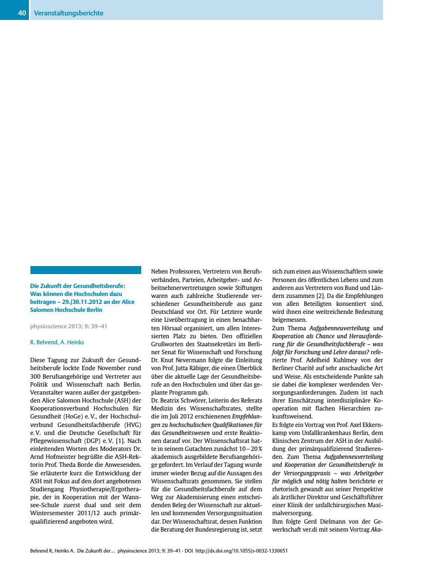Vorschauseite 1: Die Zukunft der Gesundheitsberufe: Was können die Hochschulen dazu beitragen – 29./30.11.2012 an der Alice Salomon Hochschule Berlin