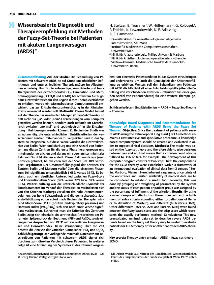 Vorschauseite 1: Wissensbasierte Diagnostik und Therapieempfehlung mit Methoden der Fuzzy-Set-Theorie bei Patienten mit akutem Lungenversagen (ARDS)