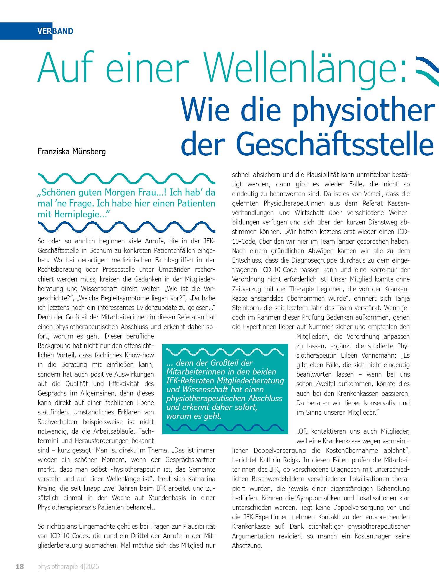 Vorschauseite 1: Auf einer Wellenlänge: Wie die physiotherapeutische Kompetenz in der Geschäftsstelle zum Erfolg des IFK beiträgt