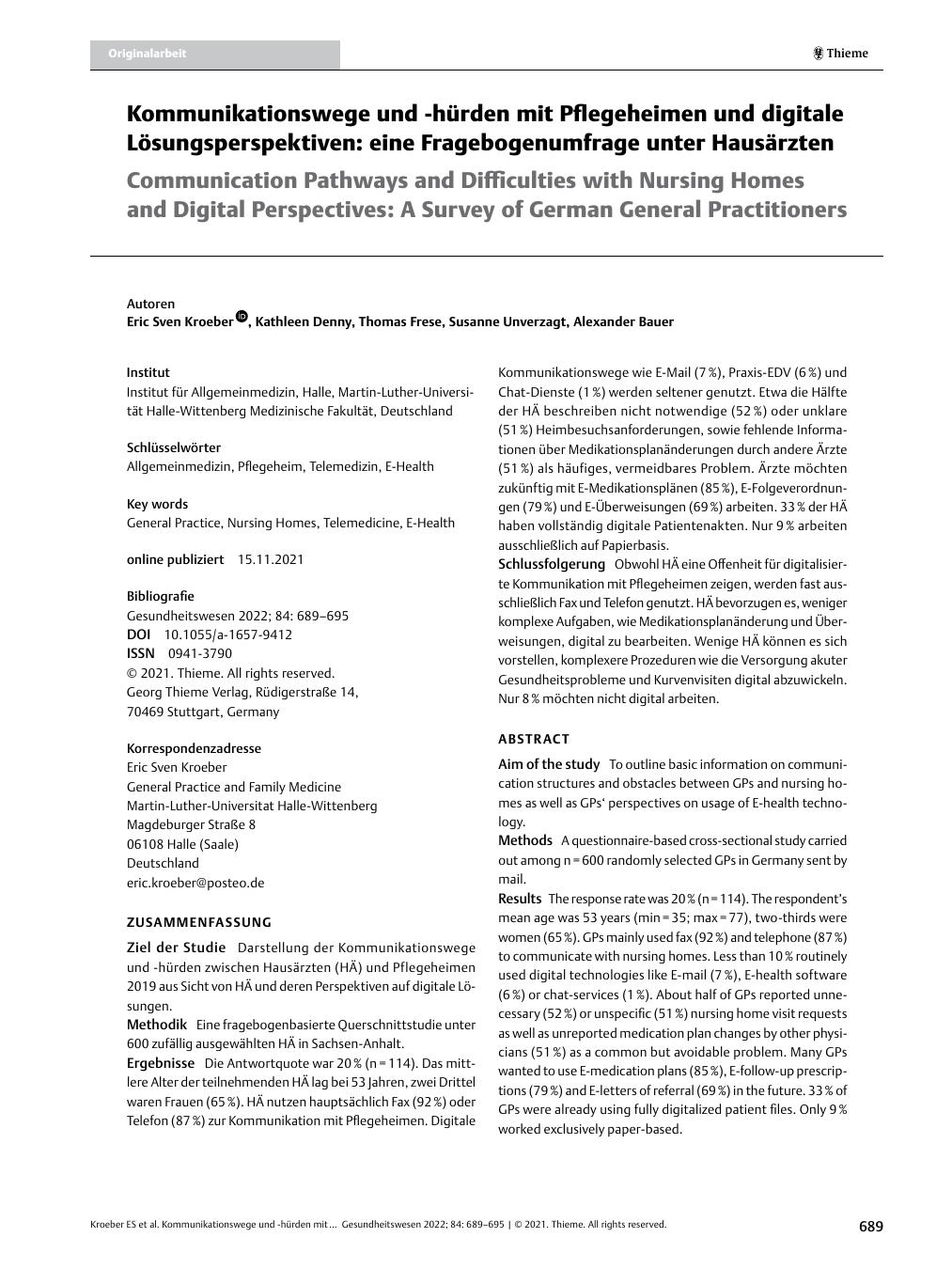 Vorschauseite 1: Kommunikationswege und -hürden mit Pflegeheimen und digitale Lösungsperspektiven: eine Fragebogenumfrage unter Hausärzten