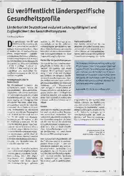 Vorschauseite 1: EU veröffentlicht länderspezifische Gesundheitsprofile. Länderbericht Deutschland evaluiert Leistungsfähigkeit und Zugänglichkeit des Gesundheitssystems.