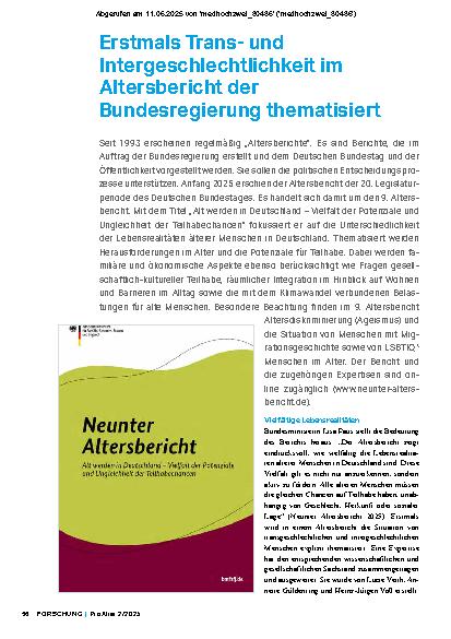 Vorschauseite 1: Erstmals Trans und Intergeschlechtlichkeit im Altersbericht der Bundesregierung thematisiert