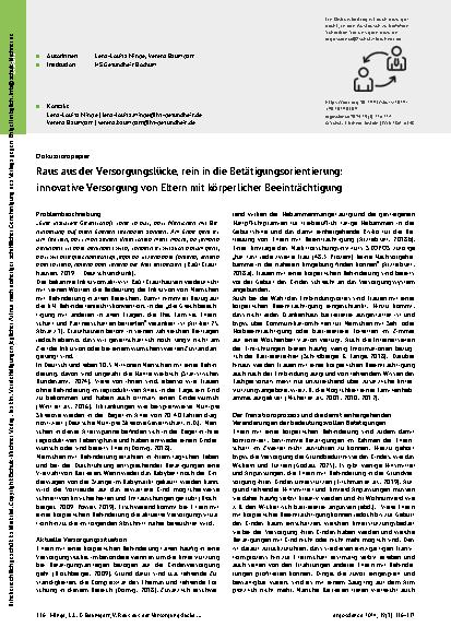 Vorschauseite 1: Raus aus der Versorgungslücke, rein in die Betätigungsorientierung: innovative Versorgung von Eltern mit körperlicher Beeinträchtigung
