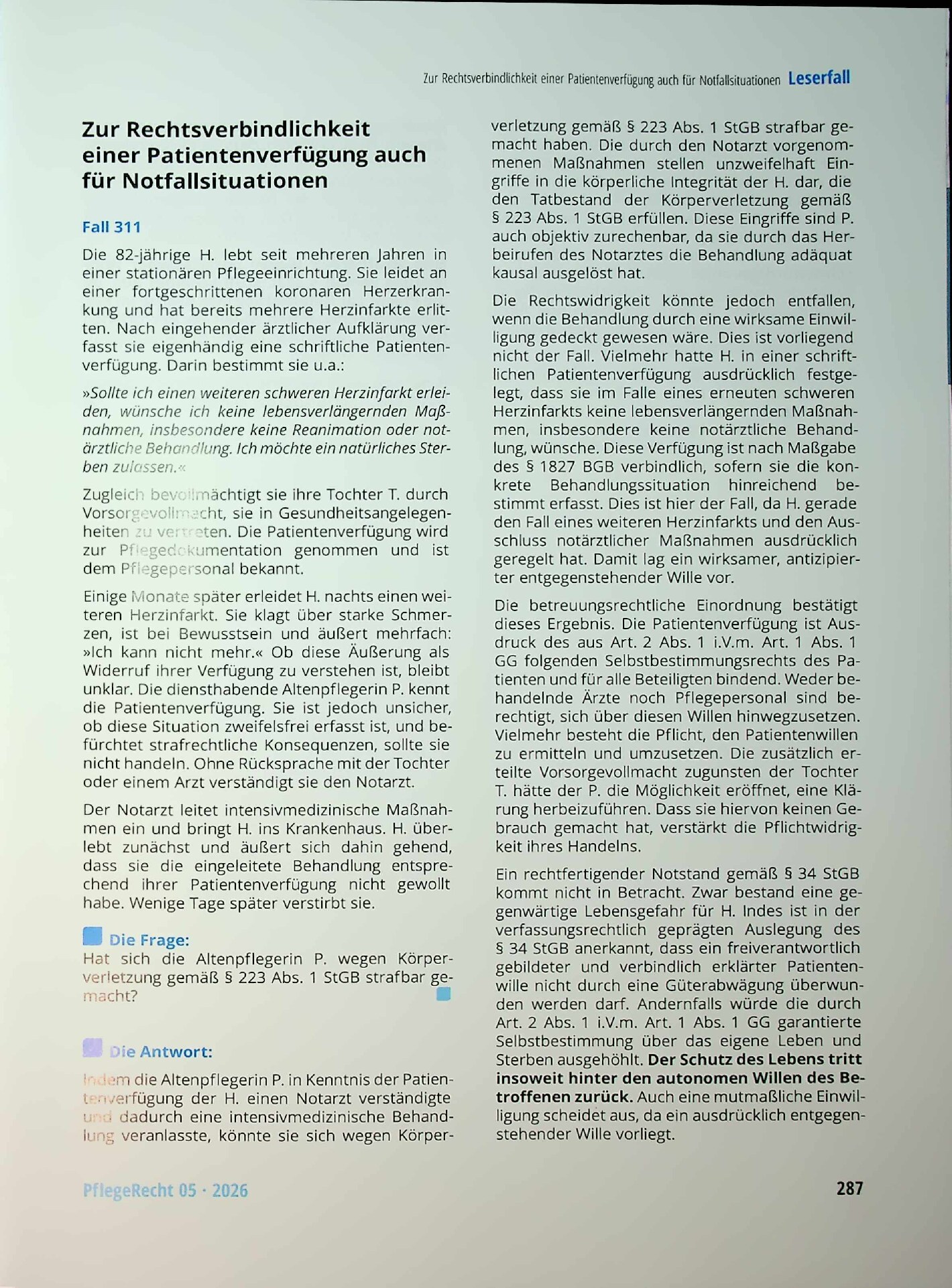 Vorschauseite 1: Zur Rechtsverbindlichkeit einer Patientenverfügung auch für Notfallsituationen