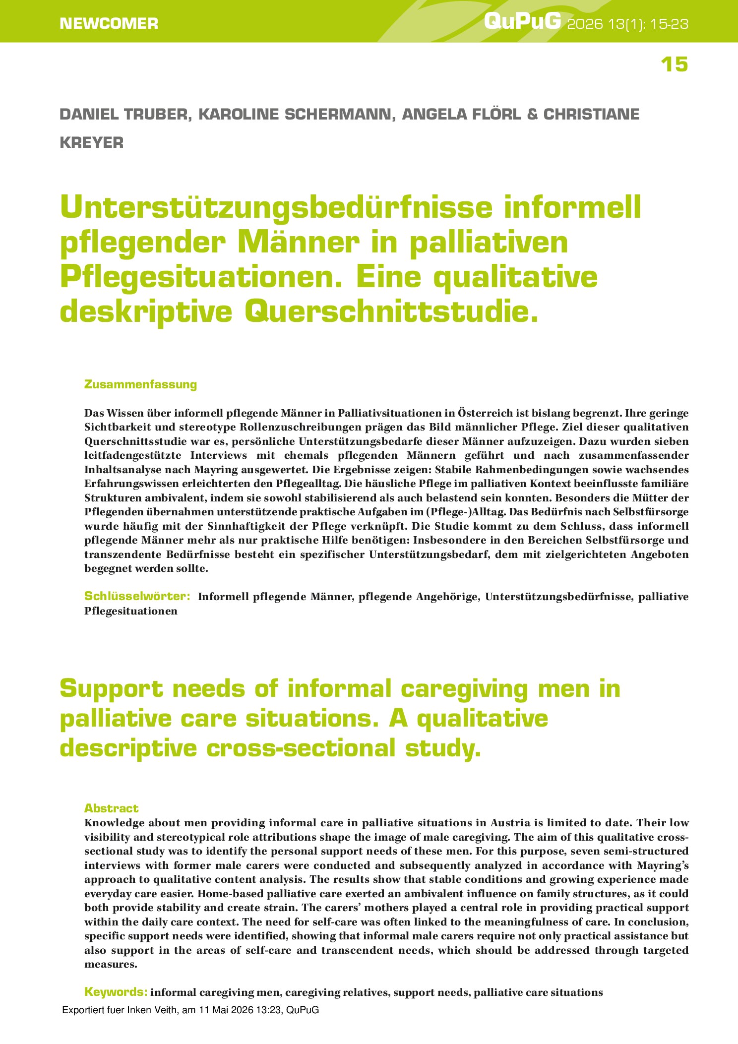 Vorschauseite 1: Unterstützungsbedürfnisse informell pflegender Männer in palliativen Pflegesituationen. Eine qualitative deskriptive Querschnittstudie.