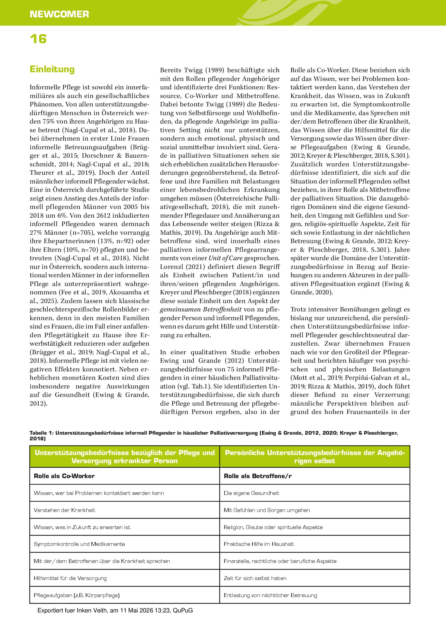 Vorschauseite 2: Unterstützungsbedürfnisse informell pflegender Männer in palliativen Pflegesituationen. Eine qualitative deskriptive Querschnittstudie.