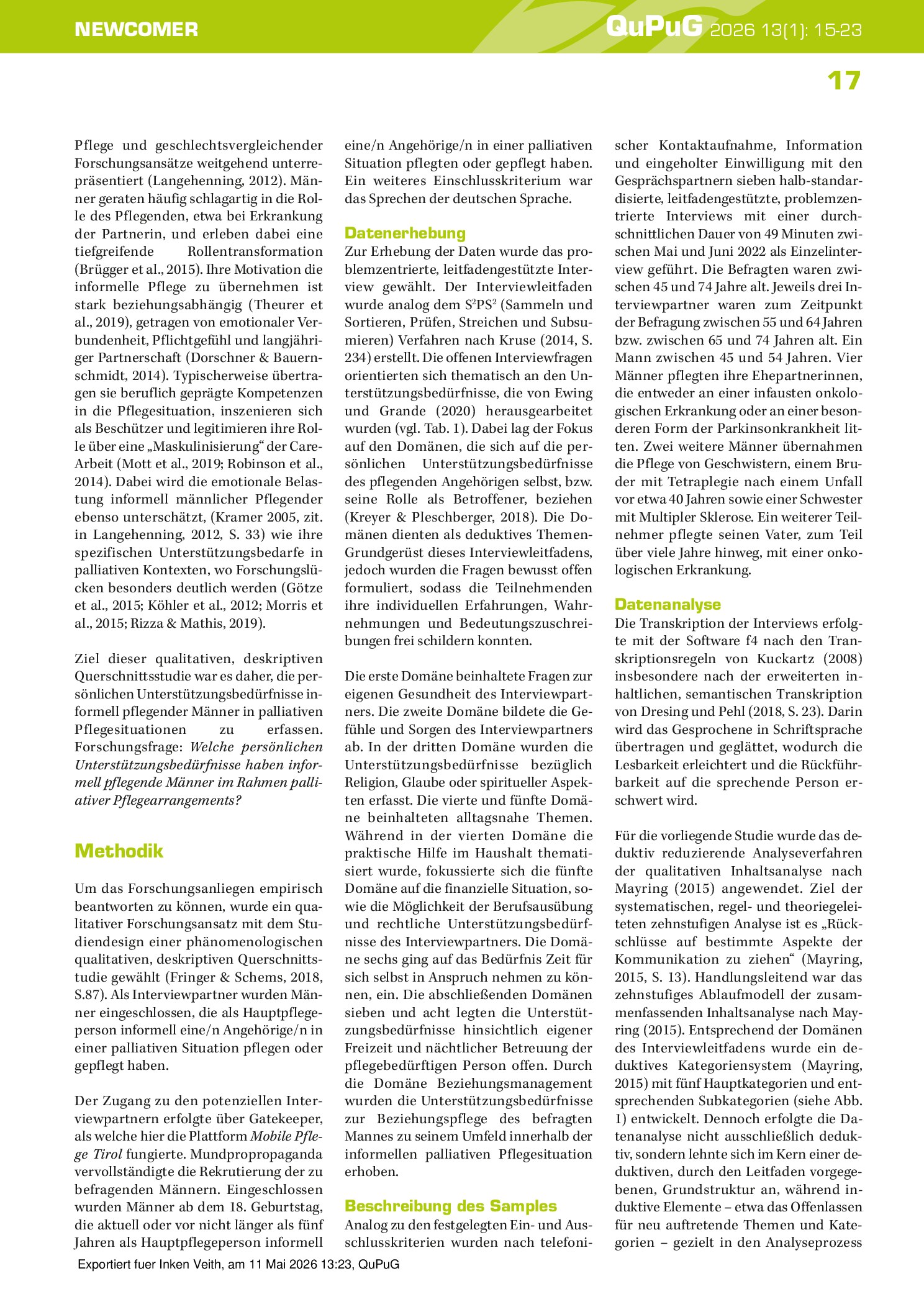 Vorschauseite 3: Unterstützungsbedürfnisse informell pflegender Männer in palliativen Pflegesituationen. Eine qualitative deskriptive Querschnittstudie.