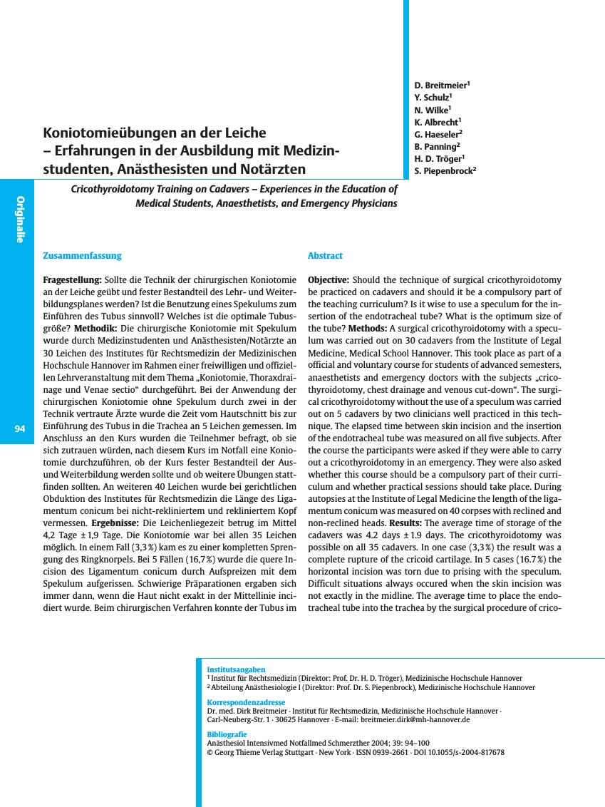 Vorschauseite 1: Koniotomieübungen an der Leiche - Erfahrungen in der Ausbildung mit Medizinstudenten, Anästhesisten und Notärzten