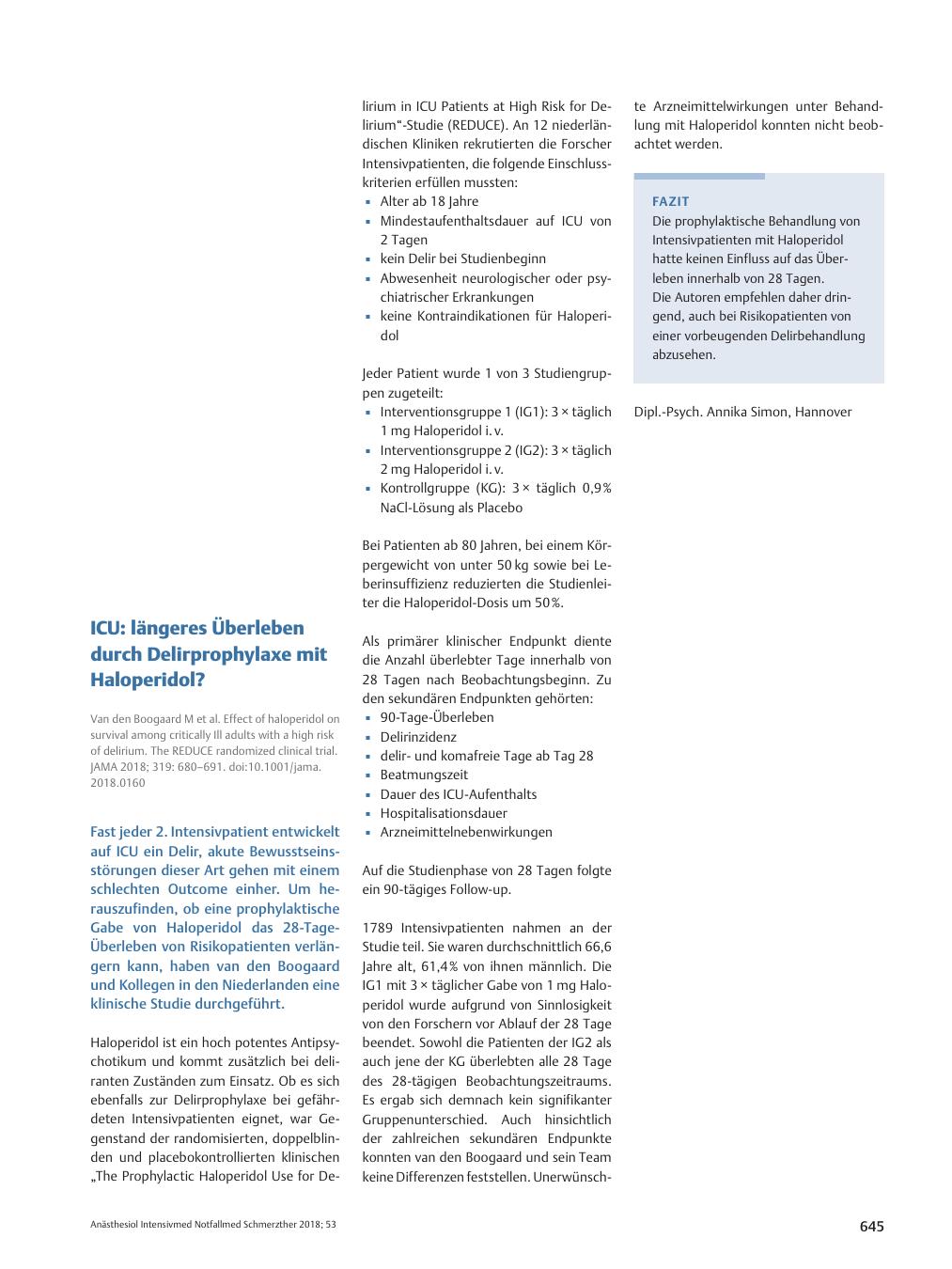 Vorschauseite 1: ICU: längeres Überleben durch Delirprophylaxe mit Haloperidol?