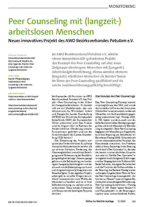 Vorschauseite 1: Peer Counseling mit (Langzeit-)arbeitslosen Menschen. Neues innovatives Projekt des AWO Bezirksverbandes Potsdam e.V.