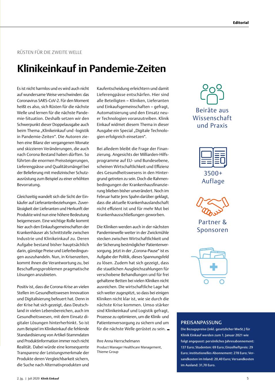 Vorschauseite 1: Rüsten für die Zweite Welle: Klinikeinkauf in Pandemie-Zeiten