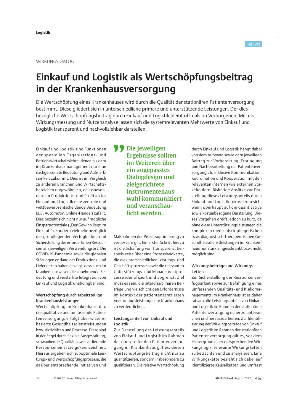 Vorschauseite 1: Wirkungsdialog: Einkauf und Logistik als Wertschöpfungsbeitrag in der Krankenhausversorgung